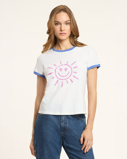 Cinq à Sept Rhinestone Smiling Sun Shrunken Ringer Tee