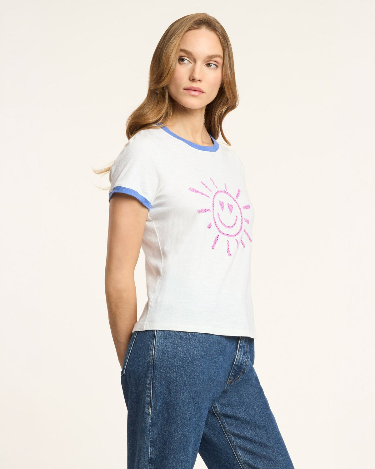 Cinq à Sept Rhinestone Smiling Sun Shrunken Ringer Tee