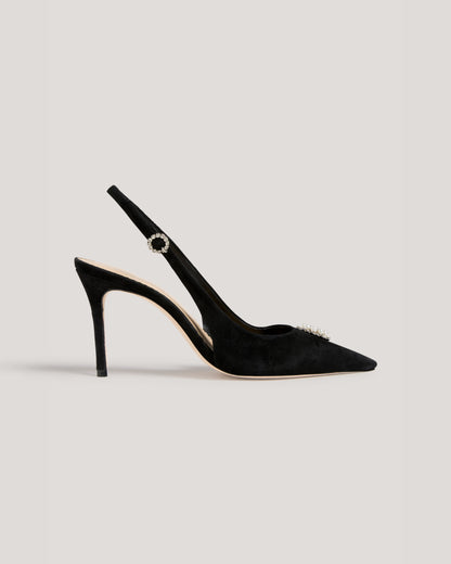 Cinq à Sept Claire Crystal Brooch Suede Slingback Pump