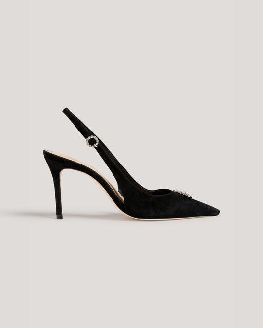 Cinq à Sept Claire Crystal Brooch Suede Slingback Pump