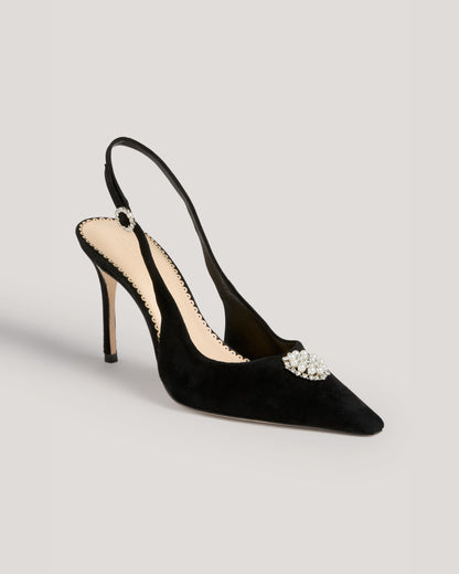 Cinq à Sept Claire Crystal Brooch Suede Slingback Pump