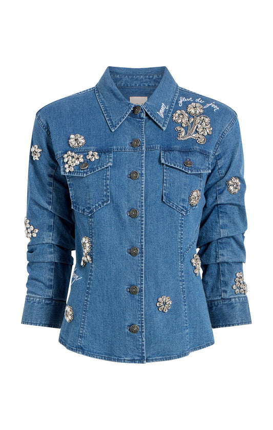 Cinq à Sept Crystal Ditsy Floral Scrunched Jean Jacket