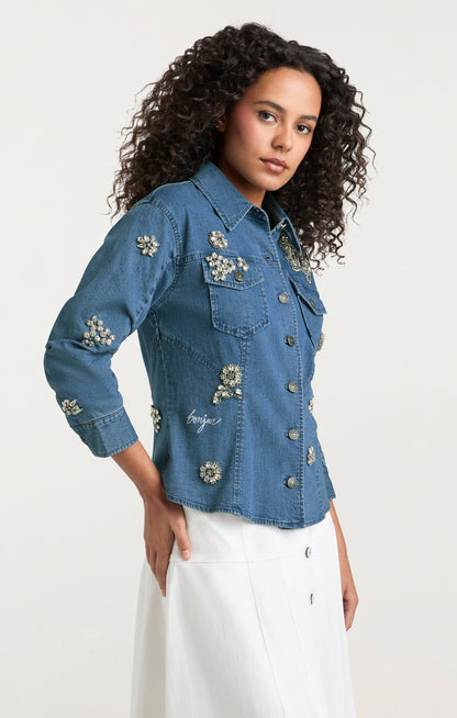 Cinq à Sept Crystal Ditsy Floral Scrunched Jean Jacket