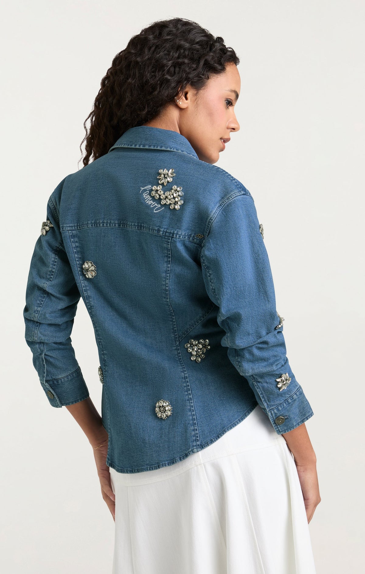 Cinq à Sept Crystal Ditsy Floral Scrunched Jean Jacket