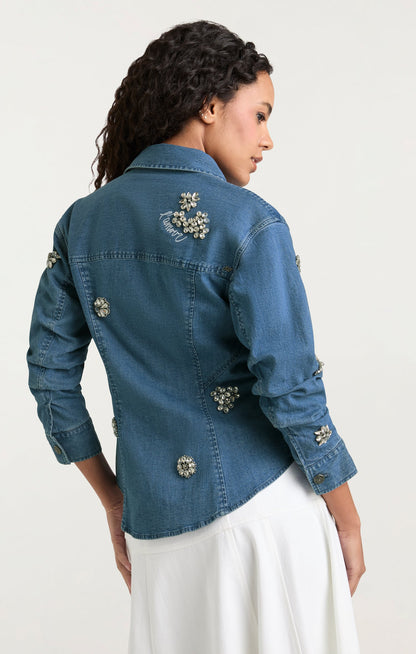 Cinq à Sept Crystal Ditsy Floral Scrunched Jean Jacket