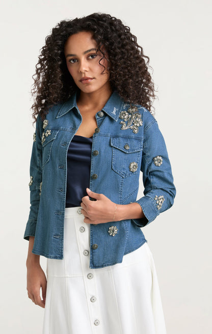 Cinq à Sept Crystal Ditsy Floral Scrunched Jean Jacket