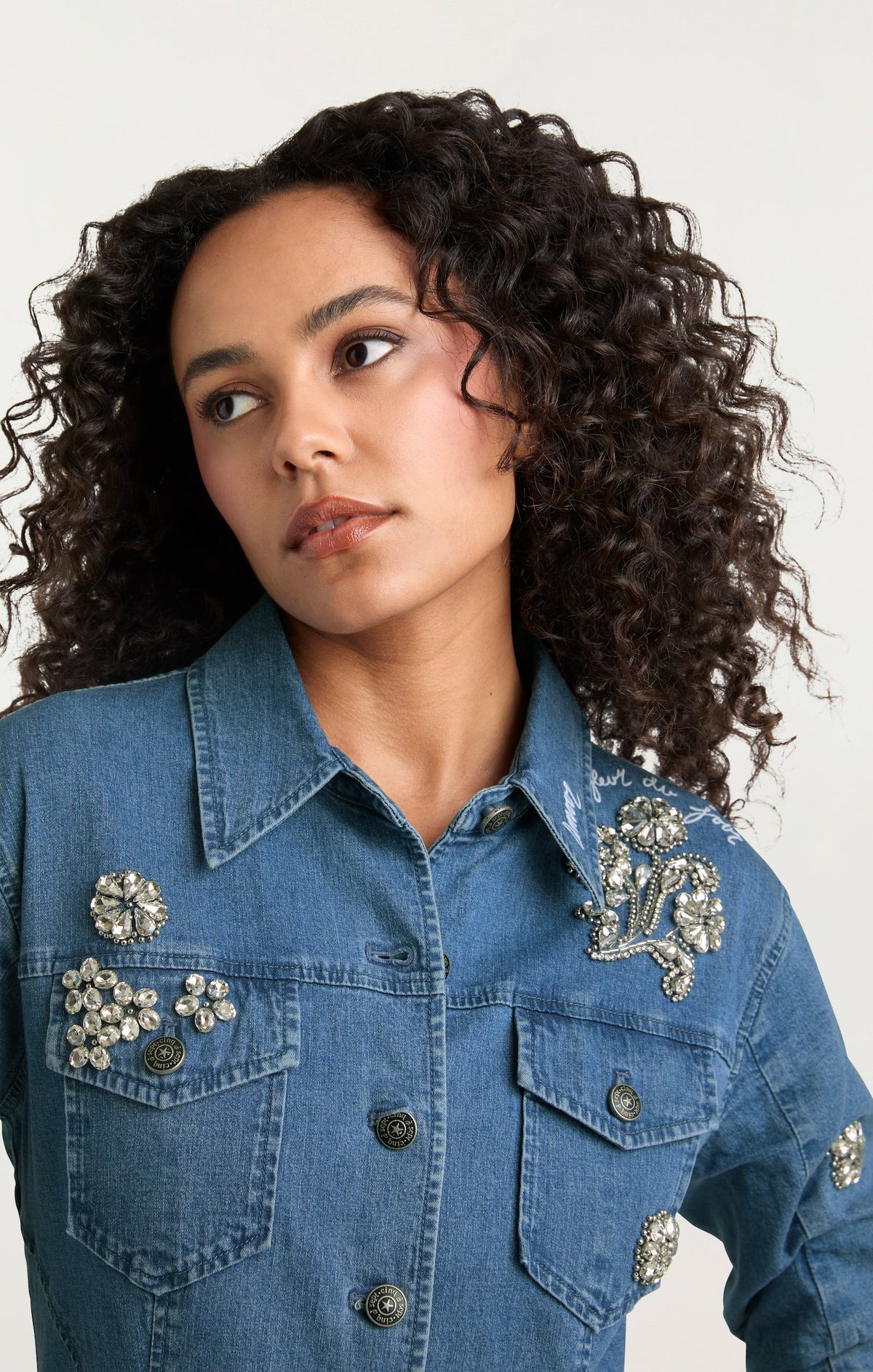 Cinq à Sept Crystal Ditsy Floral Scrunched Jean Jacket