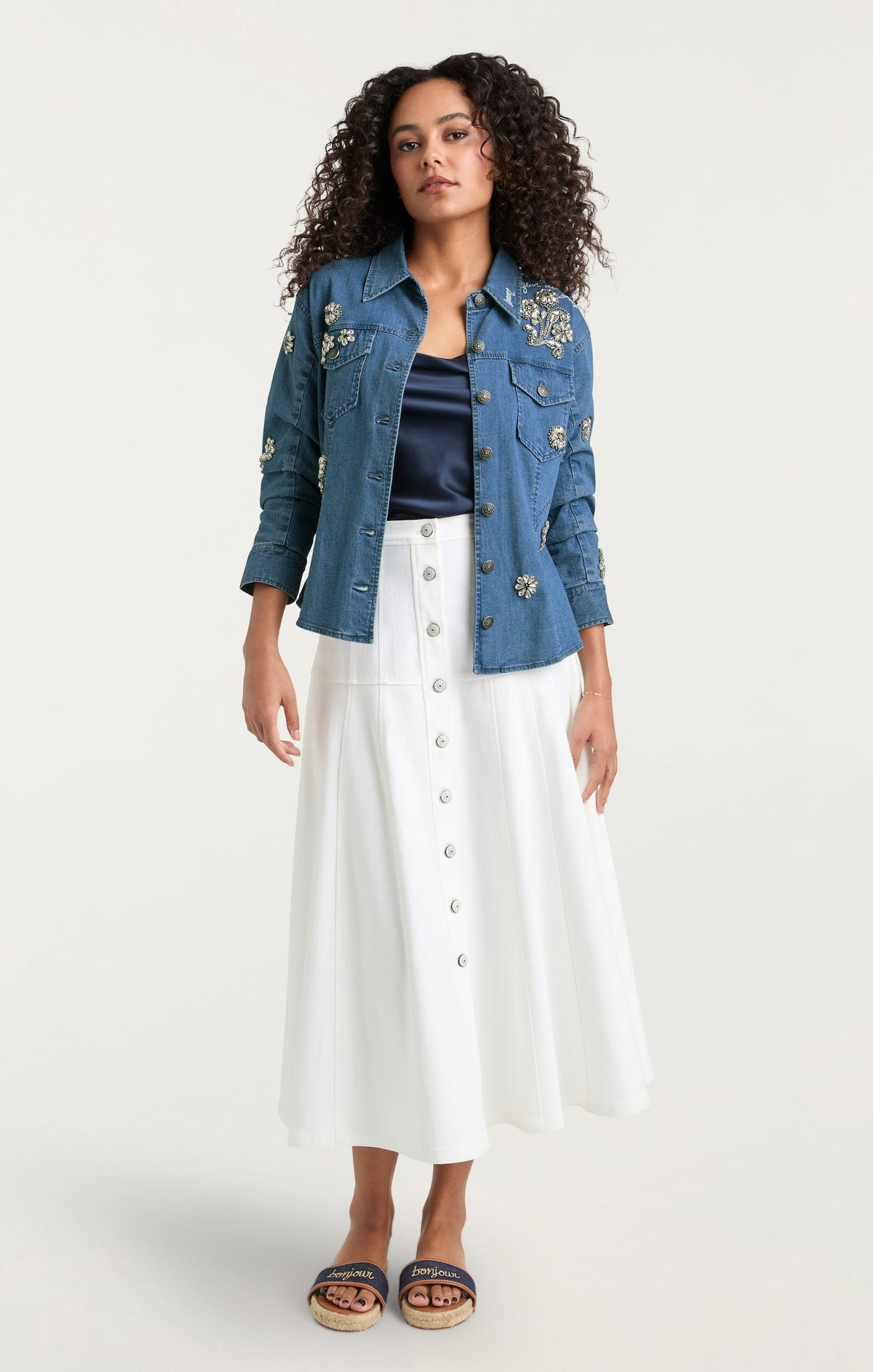 Cinq à Sept Crystal Ditsy Floral Scrunched Jean Jacket
