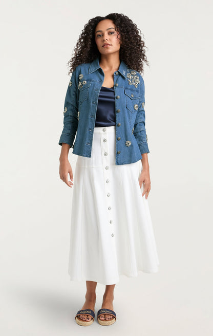 Cinq à Sept Crystal Ditsy Floral Scrunched Jean Jacket
